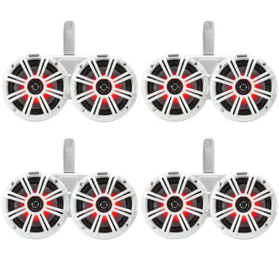 4 Pair (Qty 8) of Kicker 6.5" 2-Way 195 Watts Peak Power Coaxial Marine Multicolor LED Speakers with White Grilles, 6.5" Marine Tower Dual Speaker Enclosures (2 Pair) - White
