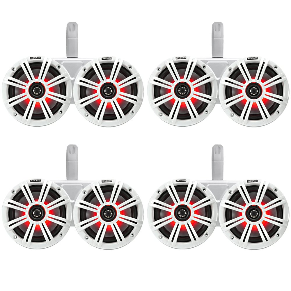 4 Pair (Qty 8) of Kicker 6.5" 2-Way 195 Watts Peak Power Coaxial Marine Multicolor LED Speakers with White Grilles, 6.5" Marine Tower Dual Speaker Enclosures (2 Pair) - White