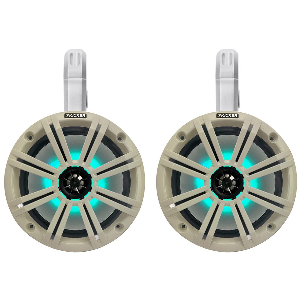 1 Pair (Qty 2) of Kicker 8" 2-Way 300 Watts Max Power Coaxial Marine Audio Multicolor LED Speakers with White Grilles, (Qty 2) 8" Marine Tower Speaker Enclosures - White