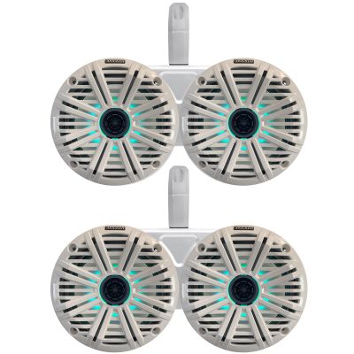 2 Pair (Qty 4) of Kicker 6.5" 2-Way 195 Watts Max Power Coaxial Marine Multicolor LED Speakers with White Salt Water Grilles, 6.5" Marine Tower Dual Speaker Enclosures (Pair) - White