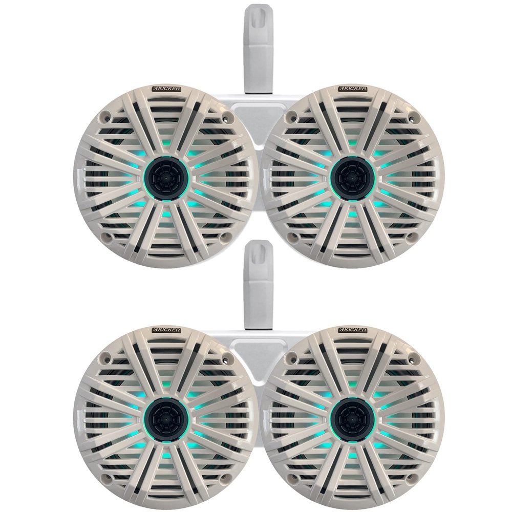 2 Pair (Qty 4) of Kicker 6.5" 2-Way 195 Watts Max Power Coaxial Marine Multicolor LED Speakers with White Salt Water Grilles, 6.5" Marine Tower Dual Speaker Enclosures (Pair) - White