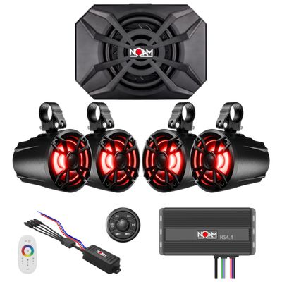 NOAM NUTV5-S QUAD - Marine ATV/Golf Cart/UTV Stereo System kit  with 4 Waterproof LED Light Tower Speakers, Subwoofer, Weatherproof Controller with Bluetooth and AUX Input and Four Channels Amplifier