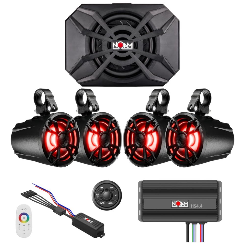 NOAM NUTV5-S QUAD - Marine ATV/Golf Cart/UTV Stereo System kit with 4 Waterproof LED Light Tower Speakers, Subwoofer, Weatherproof Controller with Bluetooth and AUX Input and Four Channels Amplifier