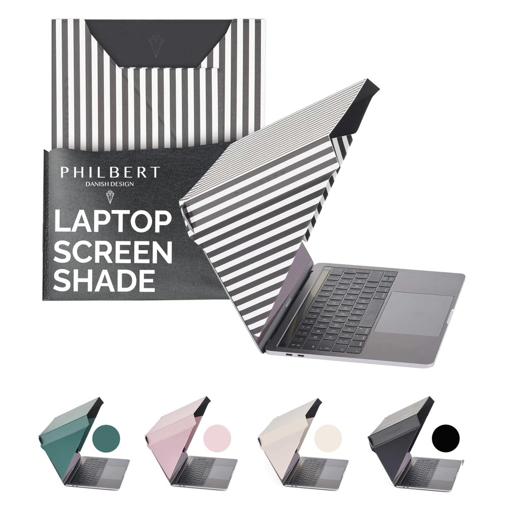 Philbert Danish Design 4-in-1 Laptop Sun Shade - Slim Hood Screen Shade, Privacy Screen, Heat Protection, & Contrast Enhancement - Universal, Foldable, & Lightweight - Fits 15"/16" Laptops - Striped