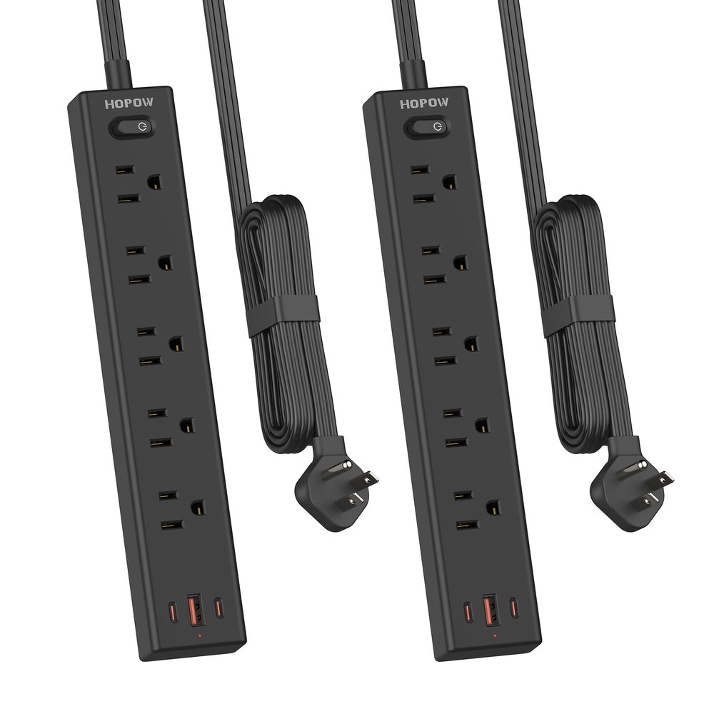 HOPOW Flat Plug Power Strip, 2 Pack, 5 Ft Ultra Thin Flat Extension Cord, Surge Protector with 5 Outlets & 3 USB Ports (2 USB C Slots), 1700 Joules, 3-Prong, Wall Mount for Home Office Dorm, Black
