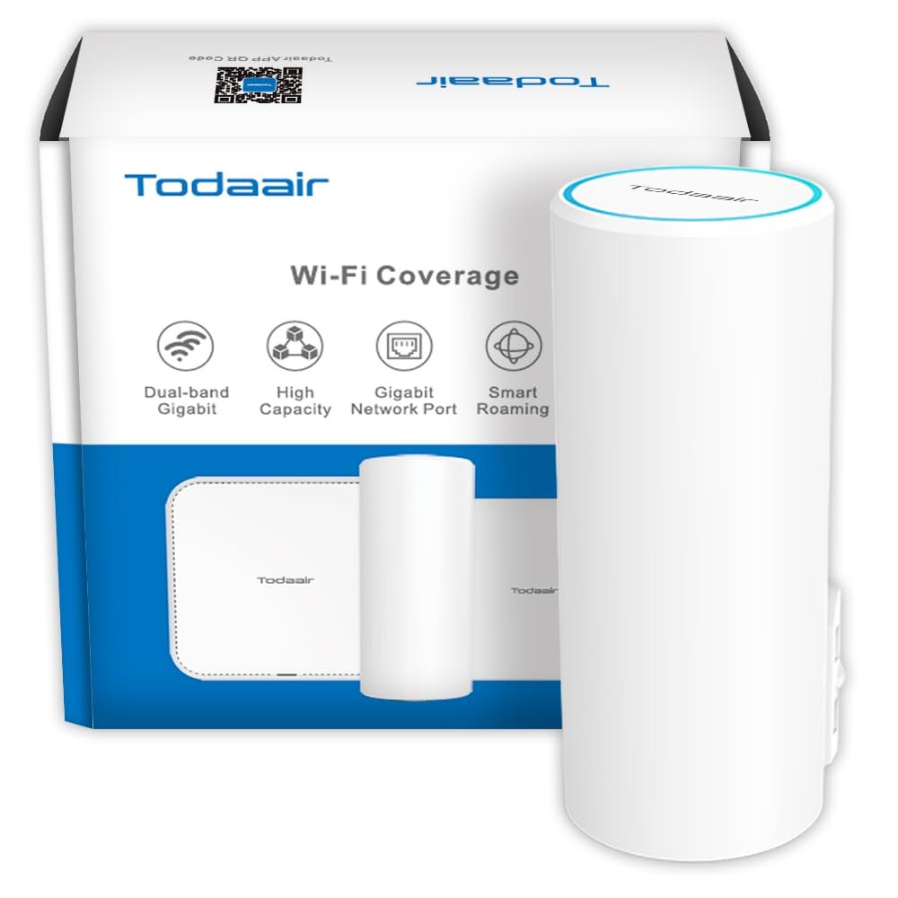 TODAAIR AC1200 Outdoor WiFi Extender | IP44 Weatherproof | Dual Band 2.4GHz 5GHz | Up to 60+ Connections | Covers Up to Least 3300 sq.ft | Repeater Modes for Backyard, Garage