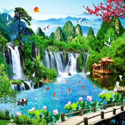 BELECO 12x8ft Fabric Mountain Lake Wonderland Backdrop for Photography Waterfalls Backdrop Mountain Pavilion Bridge Lotus Crane Spring Flowers Asian Landscape Painting Nature Backgroud Photo Props