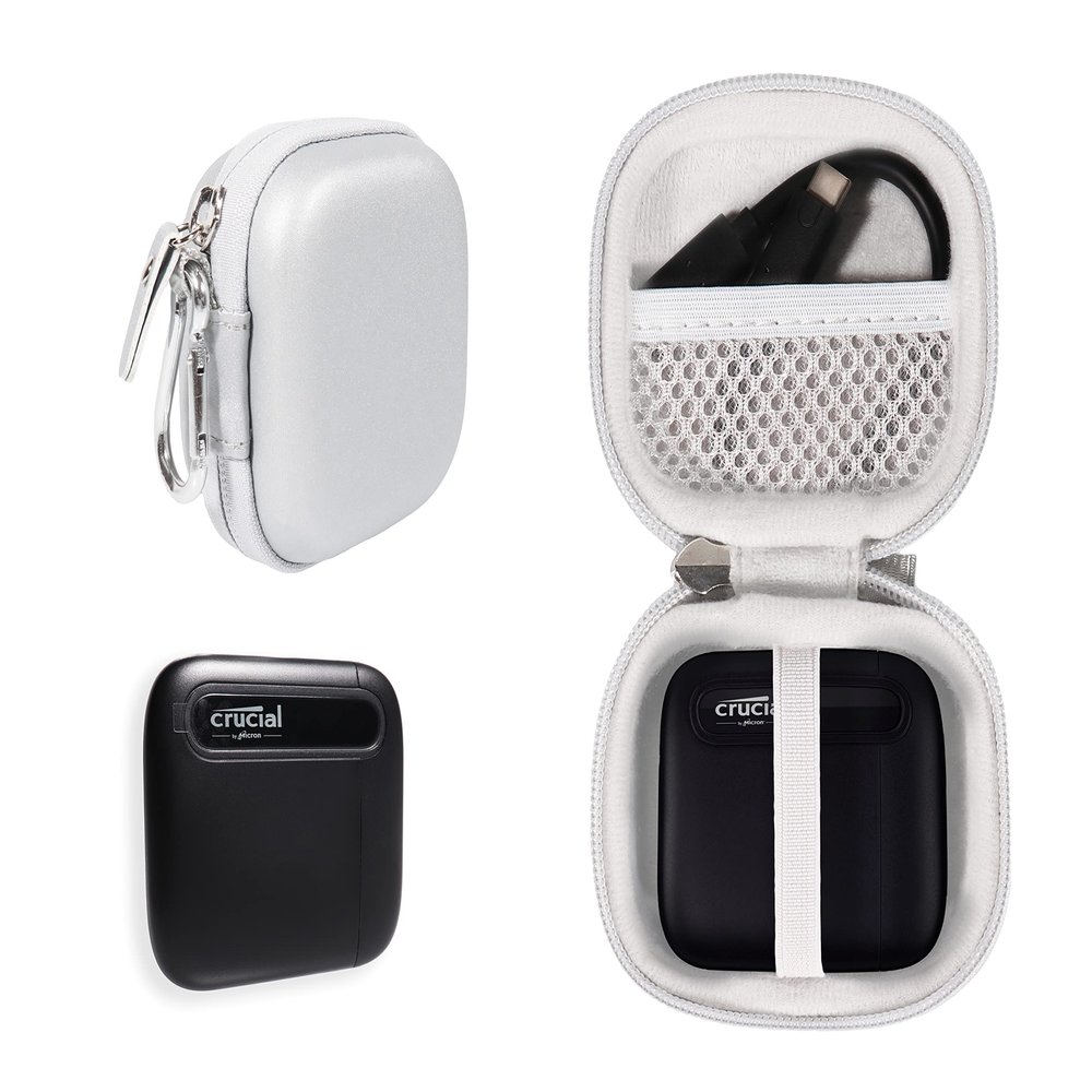 Alltravel Palm Size Case for Crucial X6 Portable SSD, Compatible with 500GB, 1TB, 2TB, 4TB, mesh Pocket for SSD Cable, USB Adapter (Smoke)