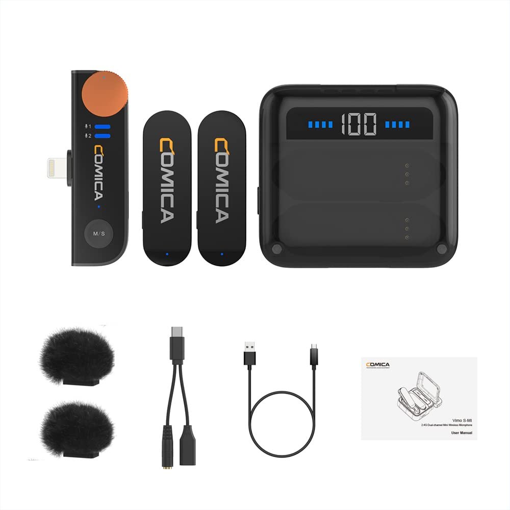COMICA Vimo S MI Wireless Lavalier Microphone for iPhone with Charging Case,Compact Dual Channel Lav Mic Wireless Lapel Microphone for iPhone iPad Mac Video Recording Vlogging Live Streaming