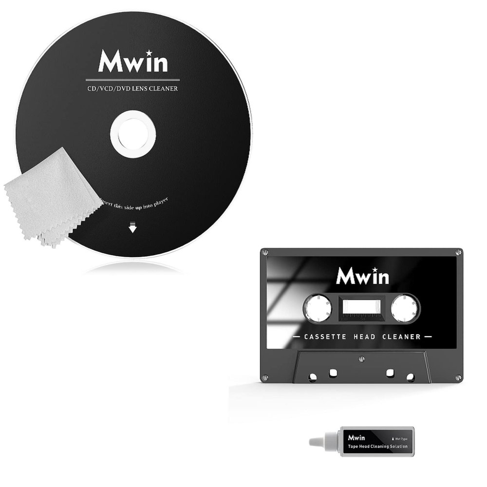 Mwin CD Cleaner Disc for CD Player & Audio Cassette Head Cleaner Tape w/ 1 Cleaning Fluids Care