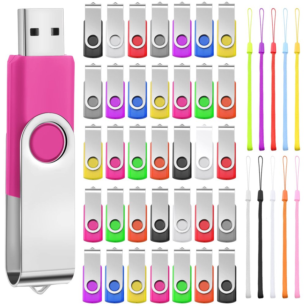 50 Pack USB Flash Drives Bulk with Lanyards USB 2.0 Thumb Drive Swivel Storage Flash Pack Bulk with LED Light for Data Storage Backup, 10 Colors (512 MB)