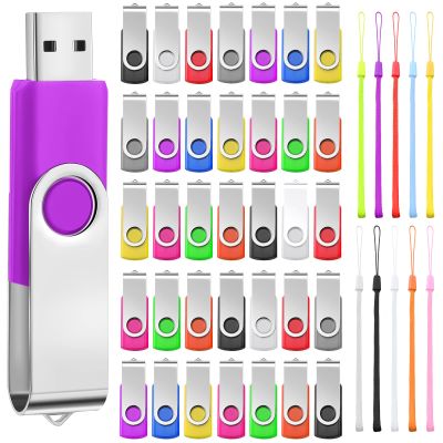 50 Pack USB Flash Drives Bulk with Lanyards USB 2.0 Thumb Drive Swivel Storage Flash Pack Bulk with LED Light for Data Storage Backup, 10 Colors (256 MB)