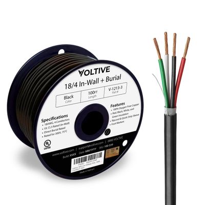 Voltive 18/4 Low Voltage Wire, in-Wall CL3 & Direct Burial, Black, 100ft - 18AWG, 4 Conductors, Stranded Bare Copper, UL Listed - V-1213-3