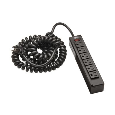Tripp Lite Safe-IT Surge Protector with Coiled Power Cable, 6 Standard Outlets, Lighted On/Off Switch, 10 Foot Spiral Cord, 300 Joules, $10,000 Insurance (TLP610COILAM)