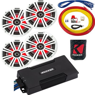 KICKER Speakers and Amp Package of 4 Items: 4-Channel Waterproof Amplifier with 6-" LED Speakers (2 Pairs) and 8AWG Power Wiring Kit 48PXA400.4+45KM654L(2)+47KMPK8