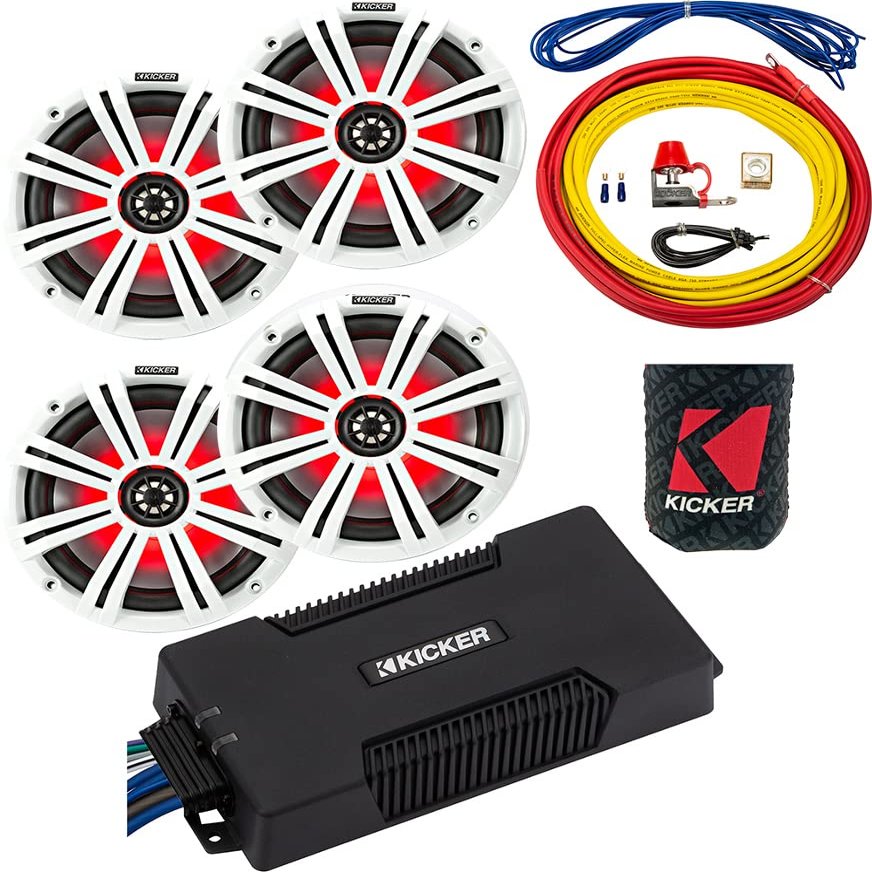 KICKER Speakers and Amp Package of 4 Items: 4-Channel Waterproof Amplifier with 6-" LED Speakers (2 Pairs) and 8AWG Power Wiring Kit 48PXA400.4+45KM654L(2)+47KMPK8