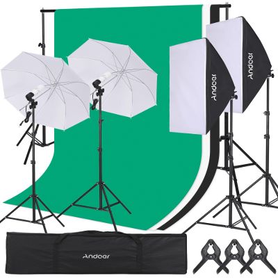 Andoer Studio Photography Light Kit Softbox Lighting Set Including 45W LED Light Bulbs/ 50x70cm Softbox/ 33 Inch White Photography Umbrella/ E27 Light Socket/ 2M Light Stands/ 3pcs Backdrops