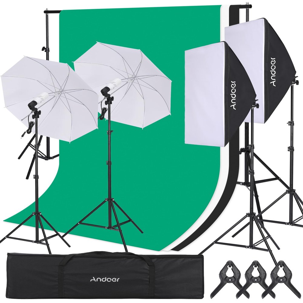 Andoer Studio Photography Light Kit Softbox Lighting Set Including 45W LED Light Bulbs/ 50x70cm Softbox/ 33 Inch White Photography Umbrella/ E27 Light Socket/ 2M Light Stands/ 3pcs Backdrops