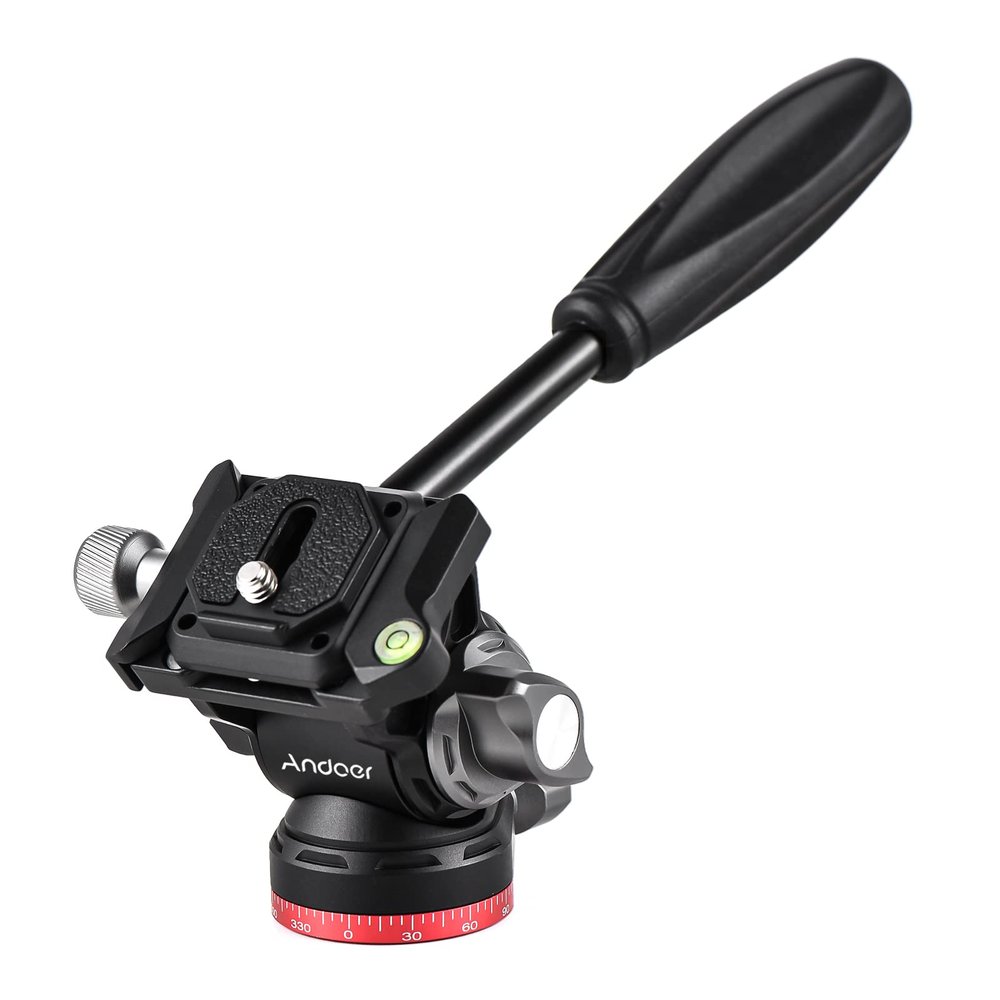 Andoer Compact Video Fluid Head Pan Tilt Tripod Head Panorama Ballhead Tripod Mount Aluminum Alloy 1/4 Inch Screw 10kg/22lbs Load Capacity with Handle Quick Release Plate