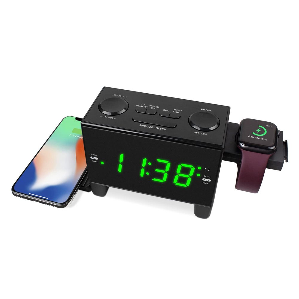 HANNLOMAX HX-204Wi Alarm Clock Radio with Wireless Charging Pad and Dual USB Ports (Type-A and Type-C) for Charging, Smartwatch (Apple and Samsung) Charger Holder, AC Power Operation only.