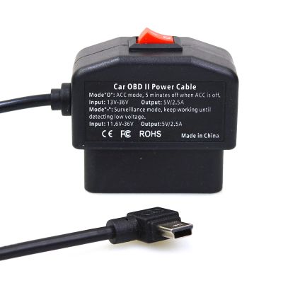 EnruigeOK Universal OBD OBD2 Power Cable for Dash Camera 24 Hours Surveillance/Acc Mode with Switch Button, 3Pin OBDII Adapter Hardwire Charger Cable 12-26V to 5V 2.5A (Mini Curved Left Port) (2)