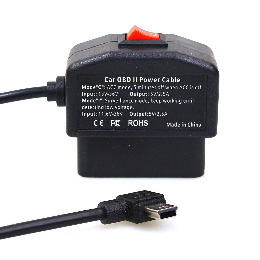 EnruigeOK Universal OBD OBD2 Power Cable for Dash Camera 24 Hours Surveillance/Acc Mode with Switch Button, 3Pin OBDII Adapter Hardwire Charger Cable 12-26V to 5V 2.5A (Mini Curved Left Port) (1)