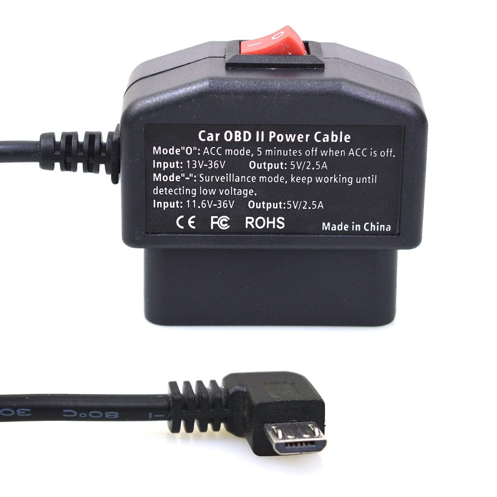 OBD2 Power Cable for Dash Camera 24 Hours Surveillance/Acc Mode with Switch Button, OBDII Charger Cable 12-26V to 5V 2.5A (Micro Curved Left Port)(1)