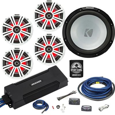 KICKER Speakers and Amp Package of 5 Items: 5-Channel Waterproof Amplifier with 10" Freeair Subwoofer, 6-" LED Speakers and 1/0AWG Power Wiring Kit