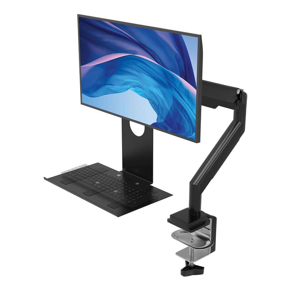 CTA Workstation Clamp Mount for Single Monitor with Keyboard Tray & USB Hub - Adjustable Desk Monitor Mount with 360 Degree Rotation - Black