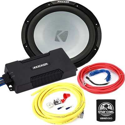 KICKER Subwoofer and Amp Package of 3 Items - 10" KM Freeair 350 Watt Sub, Class D Monoblock Amplifier and 8AWG Power Wiring Kit