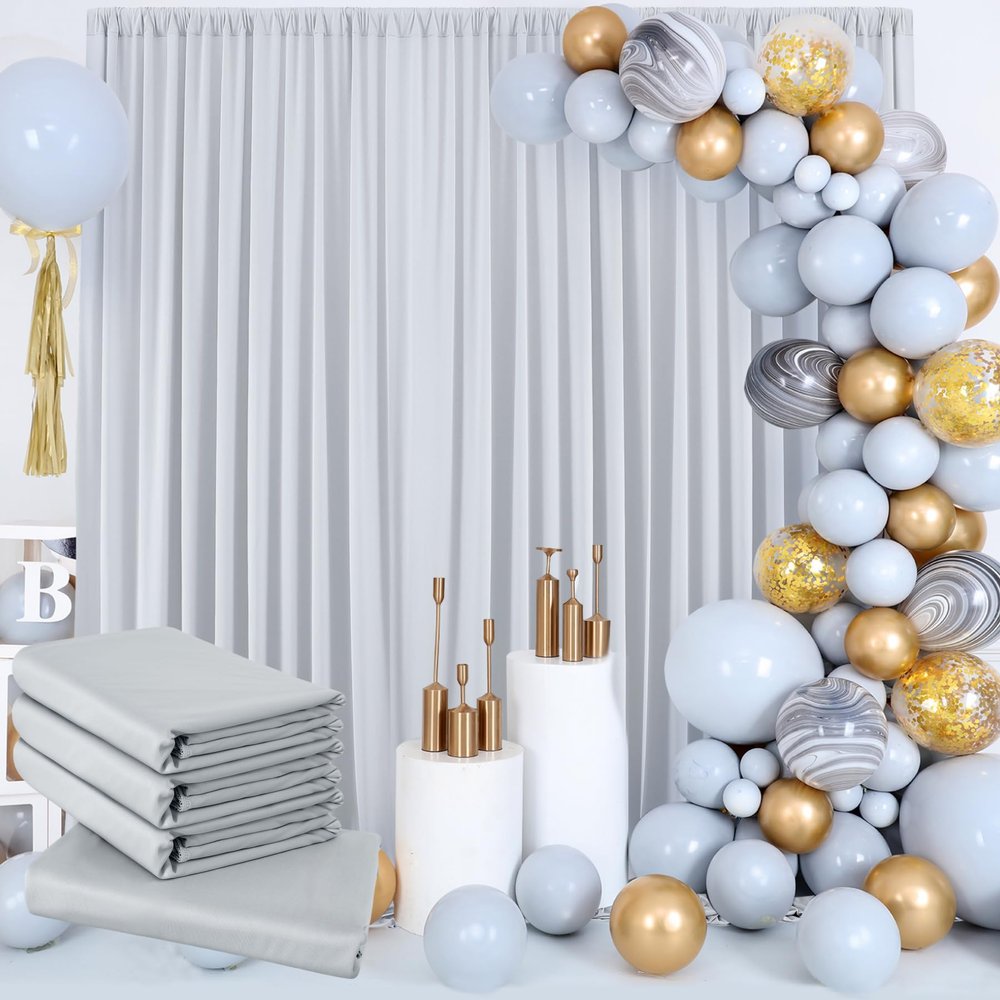 20 ft x 10 ft Wrinkle Free Silver Backdrop Curtain for Parties, Polyester Silver Grey Backdrop Drapes 4 Panels 5x10ft for Baby Shower Photoshoot Engagement Wedding Birthday Photography Background