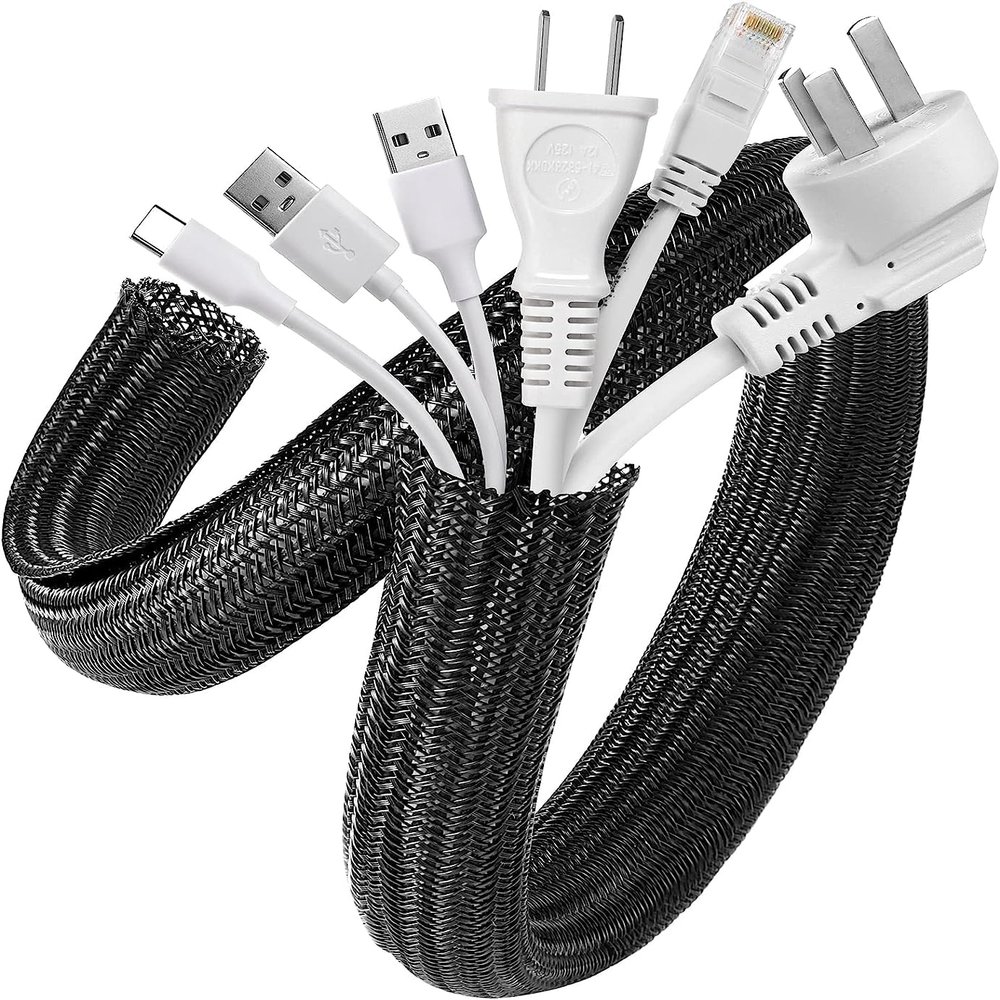 AGPTEK Cable Sleeve Cover, 6.6ft - 1.2 inch Desk Cord Organizer Cable Hider, Home Office Wire Management Computer TV Wire Loom Tubing, Pet Proof Cord Protector, from Cat Dog Chewing, Black