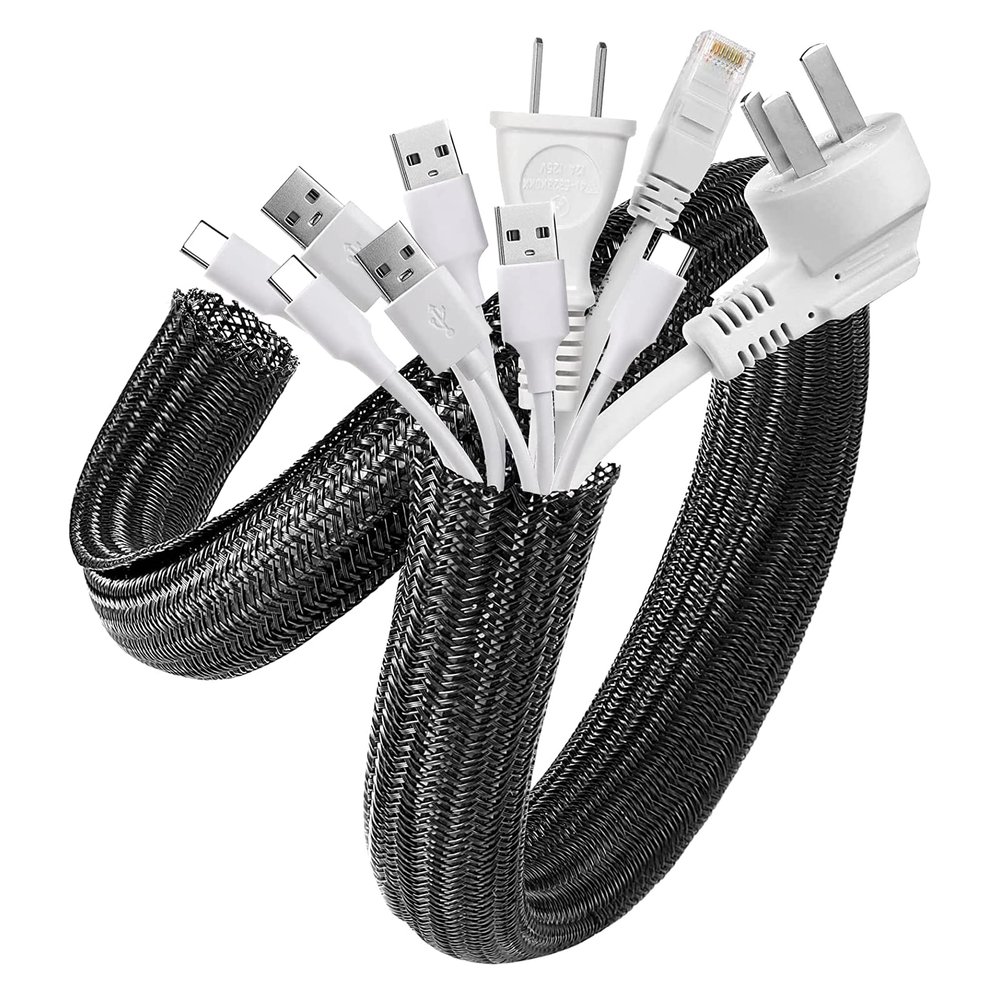 AGPTEK Cable Sleeve Cover, 10ft - 1.5 inch Desk Cord Organizer Cable Hider, Home Office Wire Management Computer TV Wire Loom Tubing, Pet Proof Cord Protector, from Cat Dog Chewing, Black