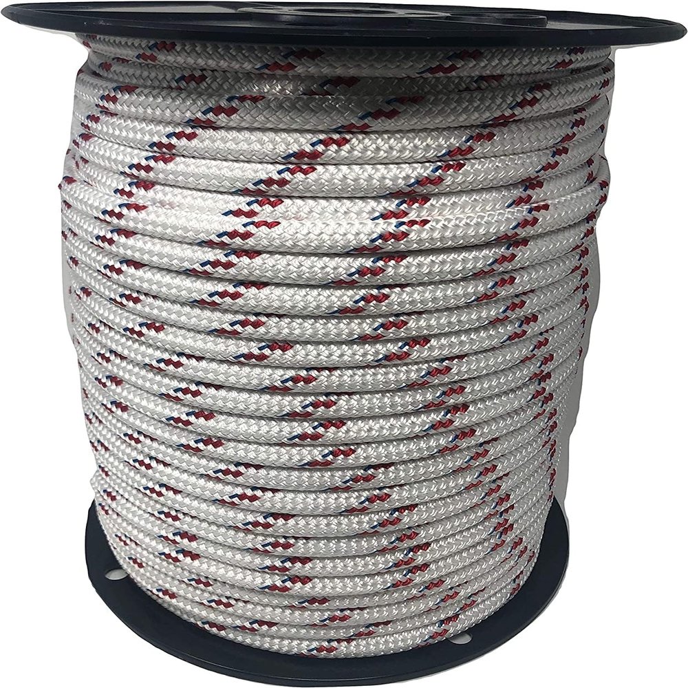 Yacht Braid Premium Polyester Rope 7/16 inch, White with Red Tracers and Blue Fleck (50 feet)