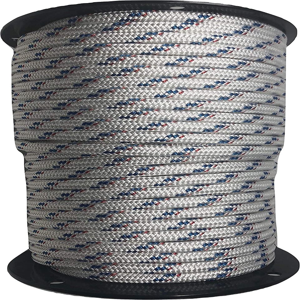 Yacht Braid Premium Polyester Rope 7/16 inch, White with Blue Tracers and Red Fleck (150 feet)