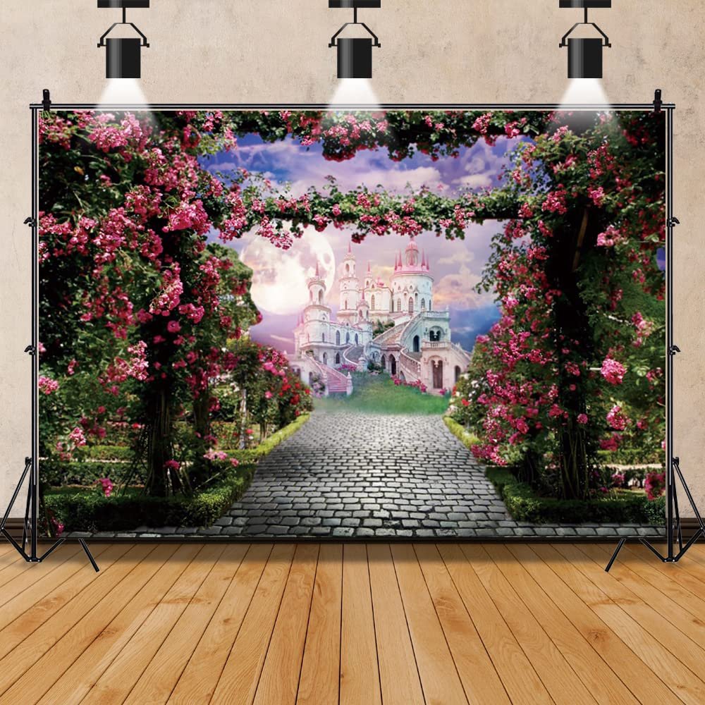 10x8ft Castle Forest Backdrop Pink Floral Fairy Tale Wonderland Fantasy Palace Photography Background for Kids Children Girls Princess Birthday Party Banner Baby Shower Supplies