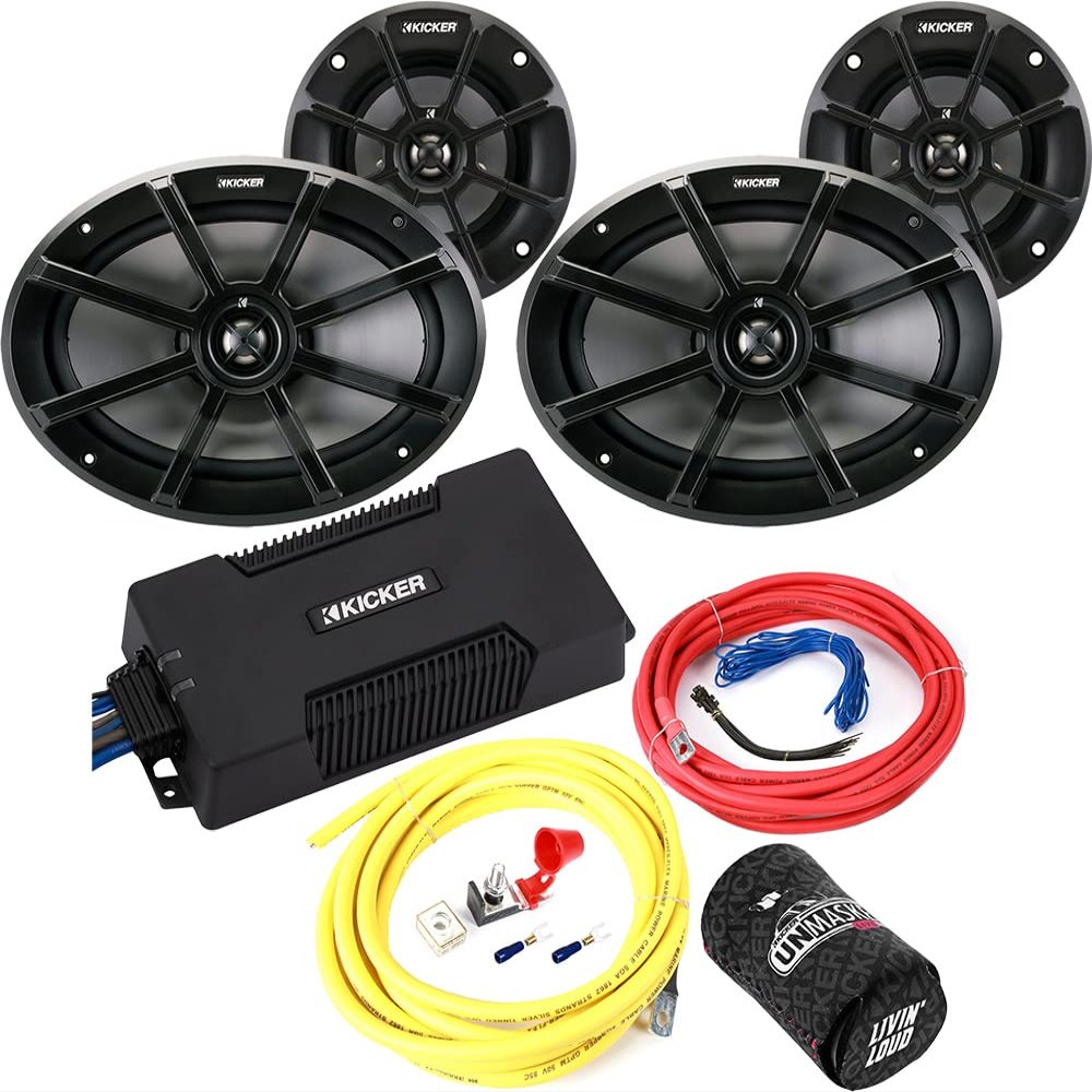 KICKER Speakers and Amp Package of 4 Items: 4-Channel Waterproof Amplifier with 4", 6"x9" Speakers and 8AWG Power Wiring Kit PXA400.4+PS42+PS692+KMPK8