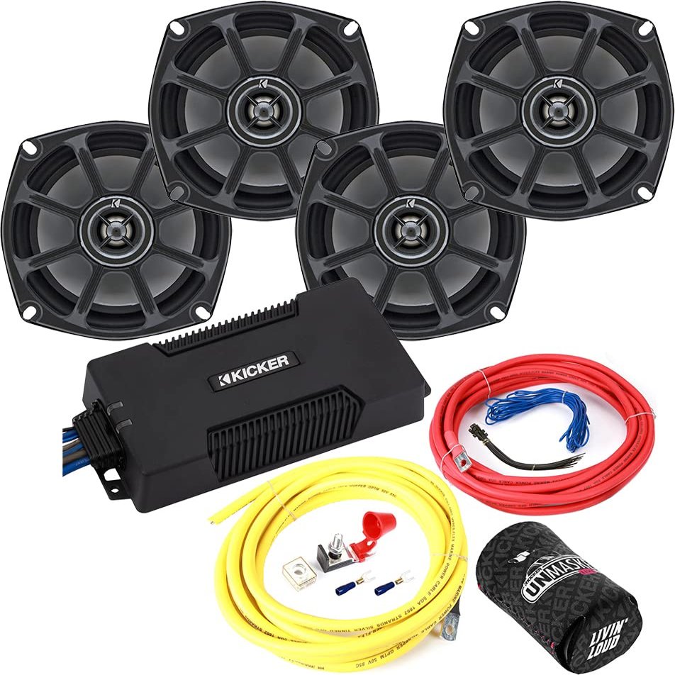 KICKER Speakers and Amp Package of 4 Items: 4-Channel Waterproof Amplifier with 5.25" Speakers (2 Pairs) and 8AWG Power Wiring Kit