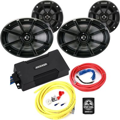 KICKER Speakers and Amp Package of 4 Items: 4-Channel Waterproof Amplifier with 4", 6"x9" Speakers and 8AWG Power Wiring Kit