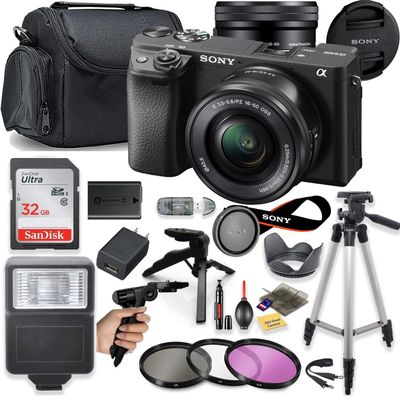 Sony a6400 Mirrorless Camera (Black) with 16-50mm OSS + Deluxe Bundle Including Sandisk 32GB Card, Case, Flash, Grip Tripod, 50" Tripod, and More