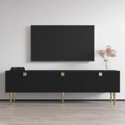 Meble Furniture Dorset 01 Modern TV Stand Storage Cabinets High Gloss, 71 Inches Black