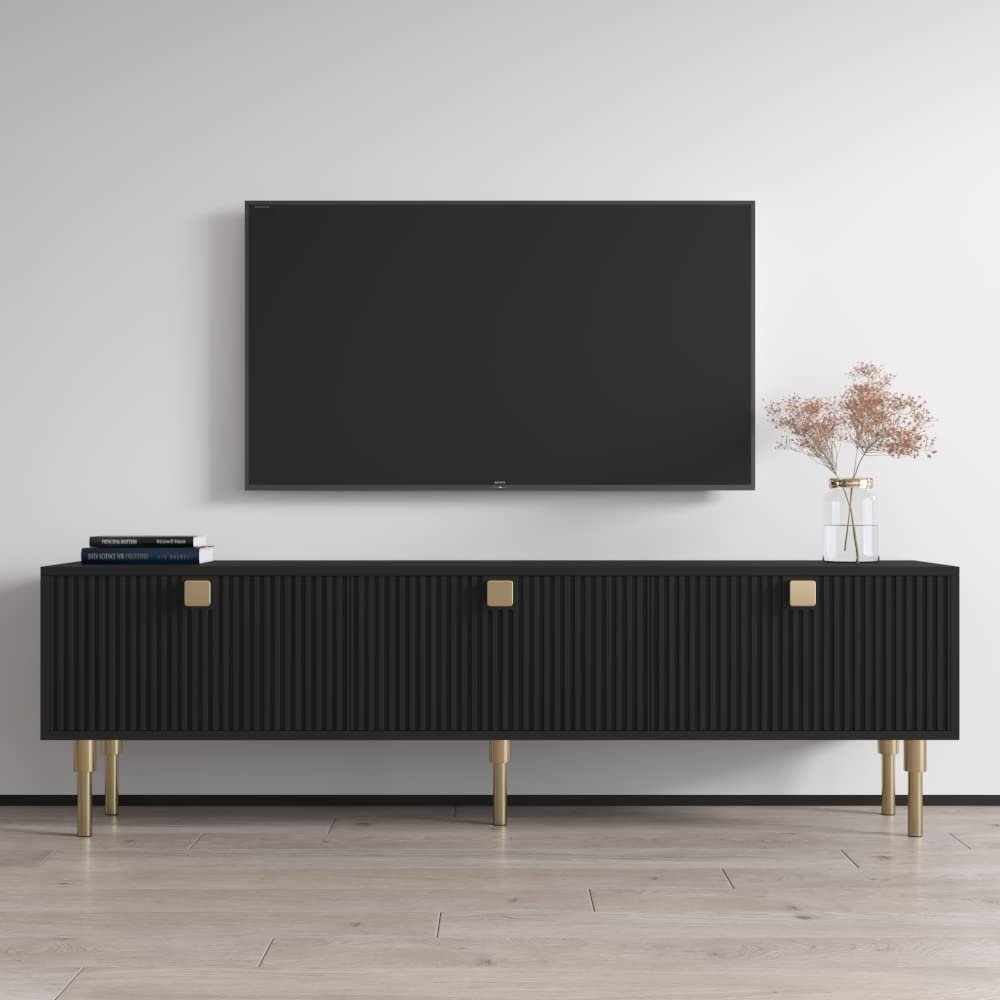 Meble Furniture Dorset 01 Modern TV Stand  Storage Cabinets  High Gloss, 71 Inches  Black