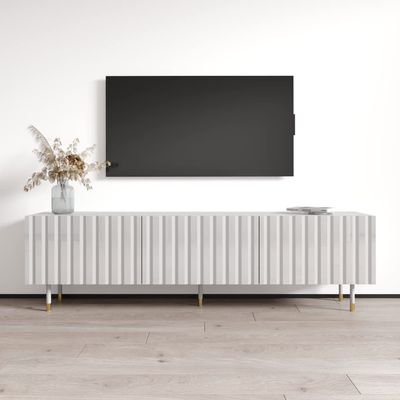 Meble Furniture Pilar 01 Modern TV Stand  Storage Cabinets and High-Gloss Finish  Fits TVs Up to 80 Inches, 59.1 x 15.7 x 19.7 inches  White