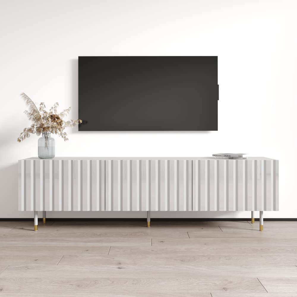 Meble Furniture Pilar 01 Modern TV Stand  Storage Cabinets and High-Gloss Finish  Fits TVs Up to 80 Inches, 59.1 x 15.7 x 19.7 inches  White
