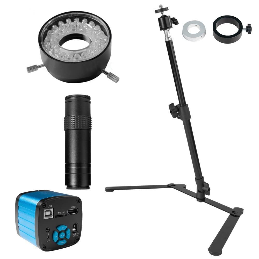 48MP 4K 1080P HDMI USB Industrial Video Microscope Camera 1-130X Zoom C Mount Lens Overhead Desktop Tripod for Repair Soldering (Color : Full Set with Ring)