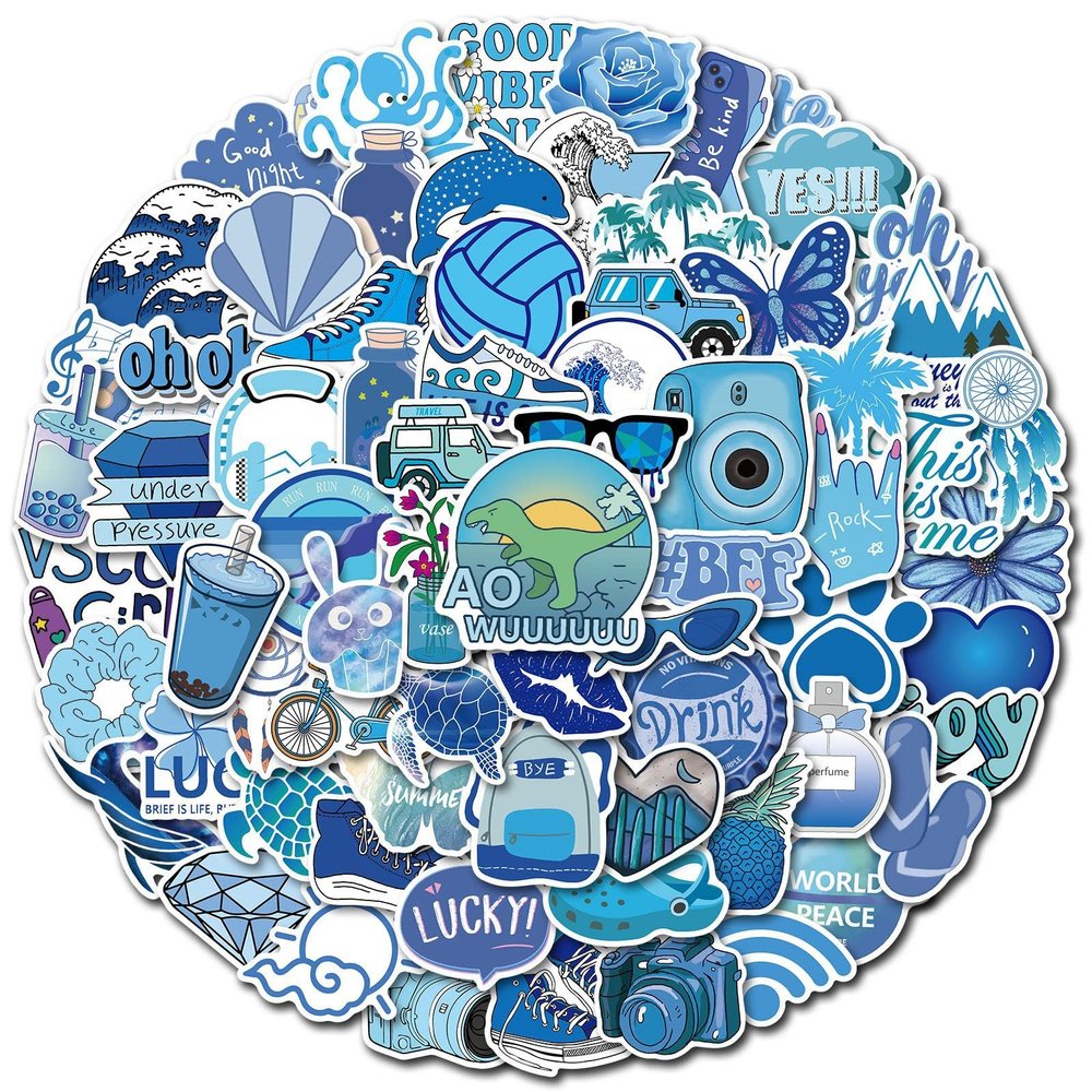 100 PCS Girl's Blue Aesthetic Stickers Pack for Teens Girls Boys, Cute Blue Decals, Waterproof Vinyl Decals, Vsco Stickers for Laptop Water Bottles Car Bicycle Skateboard Motorcycle Luggage