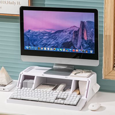 ZYFAB Adjustable Monitor Stand Multimedia Desktop Stand with Paper Storage Desk Organizer with Drawer Laptop Stand for Desk,White