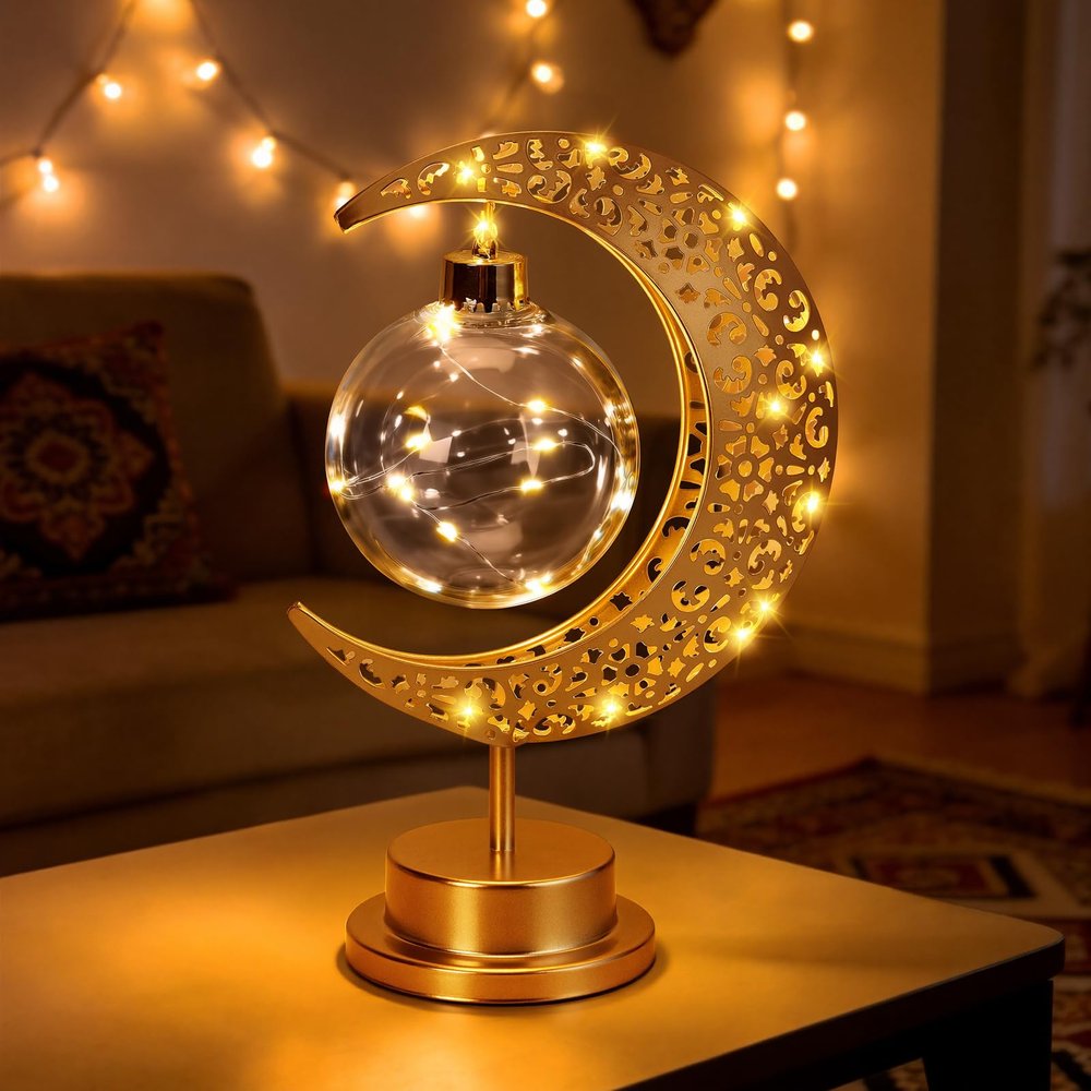 BomKra Crescent Moon Table Lamp, Gold, Metal Glass, Battery Operated, Ramadan Star Lamp, Retro Style, Bedroom Decor
