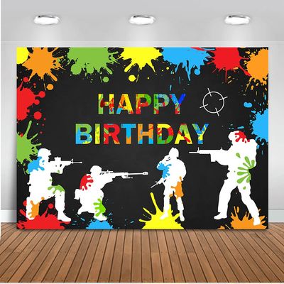 Mocsicka Paintball Backdrop Happy Birthday Party Paintball Theme Decoration Background Colorful Splash Shooting Game Happy Birthday Party Photography Background Banner (10x8ft)