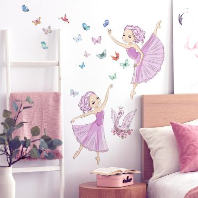ACEZIYAN Ballet Girl Wall Stickers Pink Butterfly Flowers Wall Stickers Room Decoration Decals Cartoon Girl Wall Stickers for Bedroom, Theme Party, Garden Decoration
